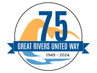 Great Rivers United Way 75th Anniversary logo - round featuring the number 75, the years 1949 to 2024, and iconography of bluffs and water.