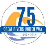 Great Rivers United Way 75th Anniversary logo featuring iconography representing bluffs and a river, and the years 1949-2024.