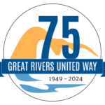 Great Rivers United Way 75th Anniversary logo featuring iconography representing bluffs and a river, and the years 1949-2024.