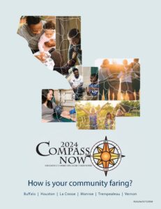 Cover of the 2024 Compass Now Report, which features photos of diverse people embedded in a map of the five-county region Compass covers