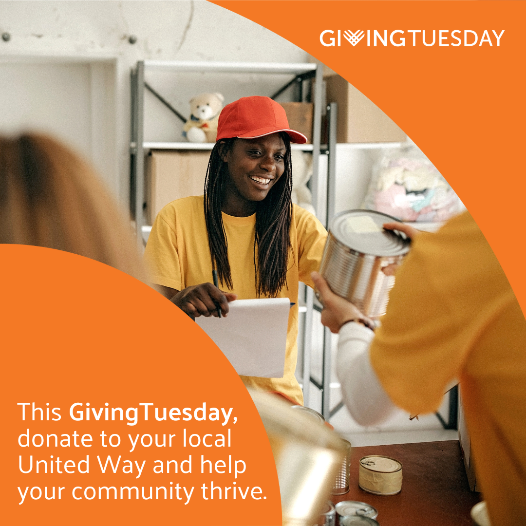 Graphic with orange color blocks advertising GivingTuesday with an image of a young African American woman handing a can of food to a couple.