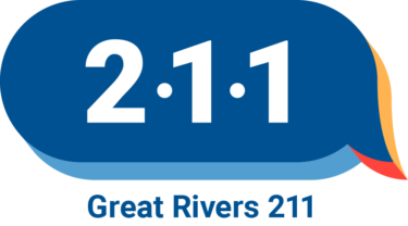 211 logo: numbers 2 1 and 1 in a blue speech bubble with Great Rivers 2 1 1 below