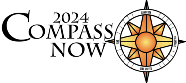 Compass Now 2024 logo featuring an orange and yellow gradient compass with the words give, advocate, volunteer, and live united on it