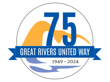 Great Rivers United Way 75th Anniversary logo featuring iconography representing bluffs and a river, and the years 1949-2024.